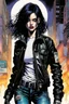 Placeholder: Create and fine print illustration of a Goth Girl with finely detailed facial features in a weathered leather jacket adorned with patches from countless encounters, torn black leggings ,battered combat boots, and a riotous assortment of belts and buckles that jingled with every step, in the graphic novel style of Bill Sienkiewicz, and Jean Giraud Moebius,