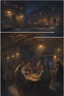 Placeholder: Winter Night, shades of blue, dark, moonlight Lots of People sitting around tables in a medieval tavern with a stone floor, add people to the chairs. Night time, dark, stars