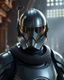 Placeholder: star wars bald male corellian pilot wearing pearlescent black and gunmetal grey First Order special forces heavy assault stealth commando armor and helmet with mirrored visor and gold and metallic red trim inside the jedi temple, hyperdetailed, dynamic lighting, hyperdetailed background, 8k resolution, volumetric lighting, light skin, fully symmetric details