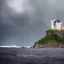 Placeholder: Castle on an island in the Middle of the ocean during a storm