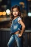 Placeholder: Little 6 years old beautiful girl perfect face,1girl wearing a pretty shirt and jean pant, standing pose,modern city ,night view