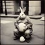 Placeholder: Dramatic vintage polaroid picture, white obese crepey mottled skin frightening Lovecraftian anthropomorphic Easter Bunny creature sitting on sidewalk with his knuckles on his chin looking dejected and frustrated, cracked egg on street yolk leaking out, sinister whimsey, oddball masterpiece, sfumato, dark humor, complex contrast, dynamic composition,