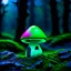 Placeholder: "Close up of a wonderful tiny Mushroom Tower home. green and magenta with bright white, deep black and contrasting tones of gray. Illuminated bioluminescent forest. Professional painter, master at composition. small but detailed. broken, blurred background, voluminous lighting"