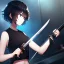 Placeholder: Clear focus,High resolution, black short fluffy hair, long fluffy bangs, and dark blue eyes, Depressed girl, wearing a black short shirt with a black sleeveless crop top, dark aura, controlling water, in a black room, holding a katana