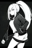 Placeholder: blonde girl with ponytails dressed in a jacket and shorts walks proudly, greyscale