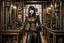 Placeholder: full-length pale dark-haired woman with a straight bob hairstyle with a fringe, in a steampunk leather outfit, and gloves, standing in a steampunk laboratory