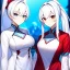 Placeholder: Clear focus, 8k, beautiful lighting, vibrant colors, girl, white hair, long hair, vibrant red eye, ponytail, same twins, white hair, blue eye, same clothes, blue eye, red eye,