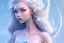 Placeholder: Young woman snow princess, full body, pretty blue dress, beautiful face with fine features, full body, softness, kindness, long straight blond hair, pretty dress, snow, pink tree, delicate jewelry, flowers pink and white, blue sky, soft atmosphere, pastel colors