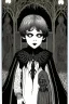 Placeholder: 7 year old boy, necromancer, friendly, looks dead,with a long lamprey emerging from his belly , wearing black robes, in the style of Harry Clarke