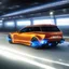 Placeholder: award winning car and driver photograph of a futuristic station wagon fighter-jet hybrid designed by only one vehicle per image painted metallic orange traveling at a high rate of speed, jet intake off of front center of vehicle and jet exhaust out the rear with bright blue flame, bilaterally symetrical, more a high speed road vehicle