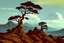 Placeholder: mountains, a gloomy rocky landscape, cypresses stretching up in the foreground, rocks and a bloody sky in the background