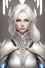 Placeholder: beautiful female , white hair, wearing high tech armor corset, bare shoulder, blue eyes, noble style hair, armor white color