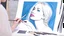 Placeholder: street artist draws a portrait of a blonde woman, charcoal, pencil, pink lips, blue eyes, fine drawing, hand with a brush