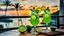 Placeholder: Two glasses of a mohito coctail beverage with lime are on a dining table on the balcony, overlooking a beautiful sea waterfront view. sunset, warm lights, harmonic calm mood, highly detailed, high contrast, perfect lights, masterpiece