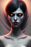 Placeholder: Dracula Vampire girl, cute, beautiful, white eyes, red lips, black hair, vampire tooth with bangs, goth, close up portrait by Greg Rutkowski