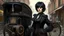 Placeholder: body portrait of a gothic woman with a black bob with a full fringe hairstyle, dressed in brown leather trousers, waistcoat, and gloves, in a Victorian street next to a steam carriage, full colour