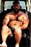 Placeholder: full body shot photography of an Italian sicilian taxi driver burly ugly sitting in the taxi, chubby tired 55 years old driving shirtless, bullneck, thin gold chains, short beard, sweat, short hair, bulge, robust, manly chest, looking down, big shoulders,, photorealistic, side light, ambient occlusion, tired eyes. 35mm lens, internal view inside the Taxi