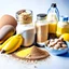 Placeholder: Ingredients for a proteinshake. Eggs, bananas, protein powder, nuts, studio view,