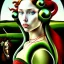 Placeholder: portrait of a beautiful busty Black Widow with green eyes riding a horse by Sandro Botticelli style