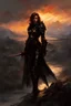 Placeholder: A formidable warrior girl in black armor, on the background Amazing gloomy landscape, flooded with sunset, mountains, trees, fabulous scary hero, , juicy emotions, painting, dark fantasy, gloomy day, dark world, portrait, by James Paick & Anna Razumovskaya