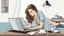 Placeholder: stockphoto about a woman a woman hiding under the bed and working on a laptop, she has half-length brown hair and wearing pajamas , pale light, half socks and a mug of coffee next to her, high detalied, sharp focus, high realistic photo, perfect shot