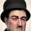 Placeholder: A portrait of a 1930s Italian-American businessman with a black bowler hat and a suit. He has a double chin. He is staring at the camera