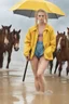 Placeholder: In the music video, a 23-year-old woman with blonde hair and bright blue eyes stands in the sea, se has a bun. dressed in a yellow fisherman's jacket. She holds an umbrella, but it offers no protection from the pouring rain. Around her, heavy horses are moving. The rain is pouring heavily. She is standing in the middle of the sea. You can see here completely. Horses only the girl and horses, i wanna see the horses dancing around her. She is wearing a fishers outfit