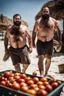 Placeholder: close up shot photography of two tired chubby muscular beefy hairy burly 39 years old ugly turkish carpenters, short beard, shaved hair, shirtless, manly chest, bulging white shorts, tired eyes, walking on the beach in the sun holding tomatoes baskets, big shoulders, side light, sweat and wet, ground view angle