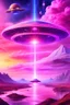 Placeholder: vaisseau interdimensionnel de couleur rose, grands rayonnements, dans un cosmos rose et jeu très étoilé d'or, 8K,ufo rainbow