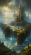 Placeholder: oil painting, flooded city, some small islands visible in the distance and there is a single human on each of them, seeing everything from a tall cliff