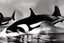 Placeholder: An orca army pod fighting in WW2, swimming up a stream to attack, orca insurgents, armored orcas