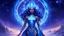 Placeholder: Full body portrait of a peaceful smiling guardian Goddess of the galaxies with a blue indigo purple skin, high skul, luminous eyes