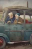 Placeholder: A couple of old people sitting in an old car Bosch style painting