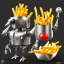 Placeholder: a nice juicy small cyborg chicken robot with french fries on a big black plate