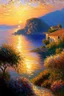 Placeholder: Greece landscape oil painting, detailed Claude Monet, detailed, sunrise