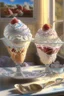 Placeholder: Beautiful ice-cream sundaes on a modern kitchen counter, on embroidered lace, Hyper realistic, oil on canvas award winning fantastic view ultra detailed acrylic art Ultra realistic Impressionism Surrealism simen johan, sharp focus intricate oil on canvas cinematic lighting photorealistic high detail ultra detailed crisp quality in sunshine