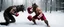 Placeholder: photo shoot of self aware werewolf boxing with shadow creature in ice cream and snow