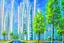 Placeholder: Futuristic buildings near tree zone, impressionism painting