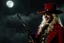Placeholder: Still frame of Tom Hiddleston as Alucard from the live action "Hellsing" movie based on the anime of the same name. He is wearing his signature red hat and yellow glasses, while laughing in the moonlight.