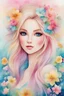 Placeholder: Watercolor style, watercolor painting of a girl with beautiful flowers, barbie girl, fantasy art, sparkles background, glow, beautiful face, young girl, watercolor background, vibrant watercolor painting, by Jeremiah Ketner, dream, illustration art, watercolor painting, very beautiful painting, beautiful watercolor painting, colorful watercolor, romanticism painting, fine art, dynamic, high quality