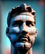 Placeholder: Ultra Realistic image, roman sculpture, marble deluxe material, Lionel Messi, Laurel leaves crown model, miguel angel style, chisel style, wide stripes blue and white paint, emperador, waist up portrait, cinematic lighting, God light, god rays, 4k resolution, smooth details, ornate details, soft lighting, unreal engine 5, sky background.