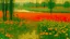 Placeholder: An olive green wetlands with fiery orange flowers painted by Georges Seurat