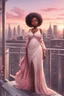 Placeholder: The scene opens onto a serene balcony overlooking a bustling city skyline. The sky above is painted in soft hues of pink and gray as the sun begins its descent, casting a warm glow over everything it touches. In the foreground stands a captivating figure, airbrush chibi cartoon curvy black woman exuding confidence and elegance. She is adorned in a flowing white knit maxi dress that hugs her curves in all the right places, accentuating her silhouette. Her choice of footwear is equally stunning