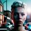 Placeholder: Ultra Realistic retro sci-fi movie explosion Supermarket parking scene, 1960 year, waist up view portrait, blonde woman, sweet scarlet Johansson face, perfect iris, glow eyes, face makeup, tight latex coat; many people looking, Retro sci-fi style, soft color, highly detailed, unreal engine 5, ray tracing, RTX, lumen lighting, ultra detail, volumetric lighting, 3d, finely drawn, high definition, high resolution.