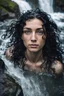 Placeholder: Macro portrait, top-down view, woman aged twenty-five years, tattooed, wet black long curly hair, gray eyes in a waterfall, water, drops, splash