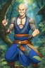 Placeholder: (in the style of Orion, by Masamune Shirow) tattooed gangasta monk points the camera to say "thank you", he smiles in the enchanted forest