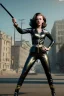 Placeholder: retro portrait image from 1960, city background, wind, long hair, fighting stance, young Scarlett Johansson, classic black tight lycra suit, metal stick weapon, gold bracelet and belt, high heel boots, soft color, highly detailed, unreal engine 5, ray tracing, RTX, lumen lighting, ultra detail, volumetric lighting, 3d, finely drawn, high definition, high resolution.