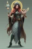 Placeholder: good low poly merman thief priest woman with long fur all over her entire body and bright aura and a nerd magical wizard fish owl