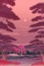 Placeholder: a land scape of Japanese garden, big moon, red sky , surrounded by cherry blossom trees, cel shading