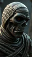 Placeholder: Busch painting style nightmare, a zoomed side view of the mummy by his face skin is a rusted broken metallic skin texture in a 3d rendering full-height image of a grim and dark scene. Ensure the final images exhibit the utmost quality, encompassing 4K, 8K, and 64K resolutions, with 3D rendering that manifests in photorealistic, hyperrealistic, and highly detailed representations. Employ techniques such as HDR, UHD,